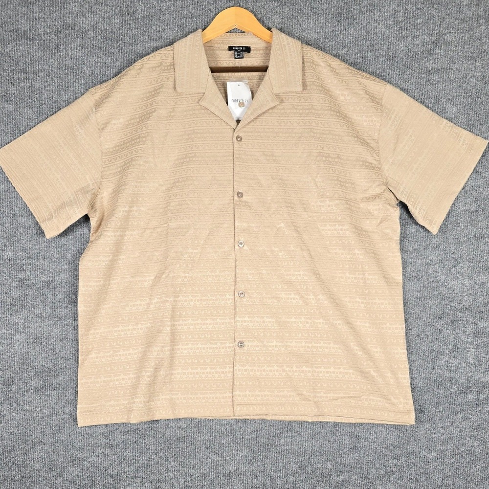 FOREVER 21 Men Taupe Textured Pattern‎ Short Sleeve Button Up Shirt XXL